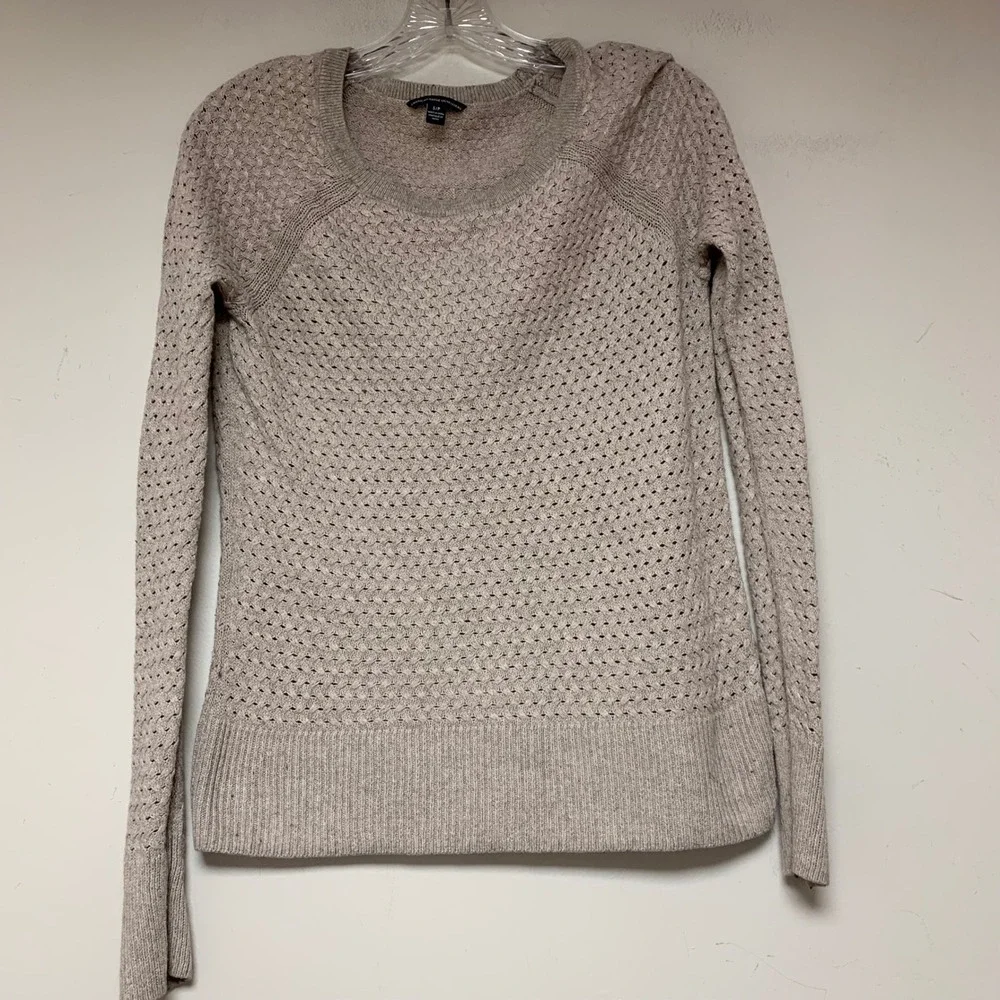 American Eagle Sweater Womens Small Oatmeal Excellent Pointelle Knit Crew Neck